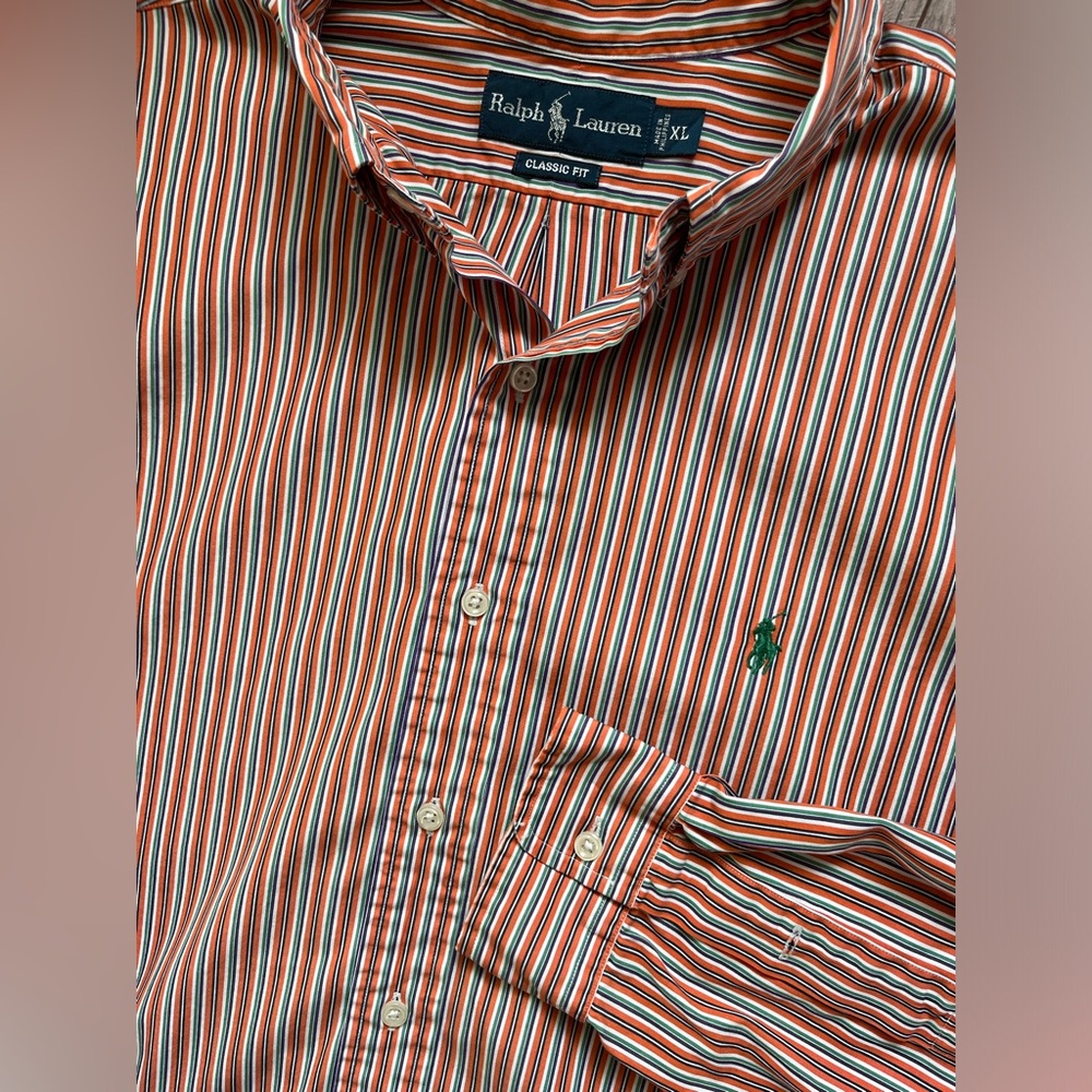 Ralph Lauren orange striped classic button down shirt size XL‎